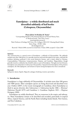 Eumolpinae – a Widely Distributed and Much Diversiﬁ Ed Subfamily of Leaf Beetles (Coleoptera, Chrysomelidae)