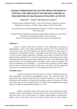 Characterization of Lectin from Colpomenia Sinuosa and the Effect of Physico Chemical Parameters on Haemagglutination Activity