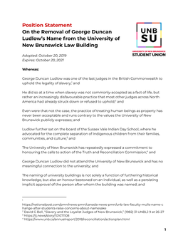 Position Statement on the Removal of George Duncan Ludlow's Name from the University of New Brunswick