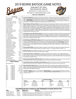 2019 BOWIE BAYSOX GAME NOTES Saturday, August 17, 2019 - 6:00 P.M