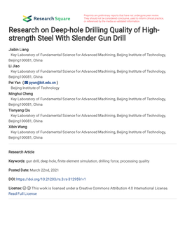 Research on Deep-Hole Drilling Quality of High-Strength Steel with Slender