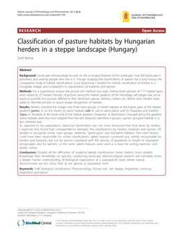 Classification of Pasture Habitats by Hungarian Herders in a Steppe Landscape (Hungary) Zsolt Molnár