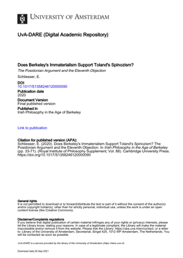 Does Berkeley's Immaterialism Support Toland's Spinozism? the Posidonian Argument and the Eleventh Objection Schliesser, E