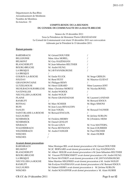Artement Du Bas-Rhin Arrondissement De Molsheim Nombre De Membres En Fonction : 53 COMPTE-RENDU DE LA REUNION DU CONSEIL DE COMMUNAUTE DE LA HAUTE-BRUCHE