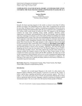 Comparative Analysis of Kcr and Brt: an Exploratory Study Covering the Mass Transit Needs and Policies in Karachi As a Megacity