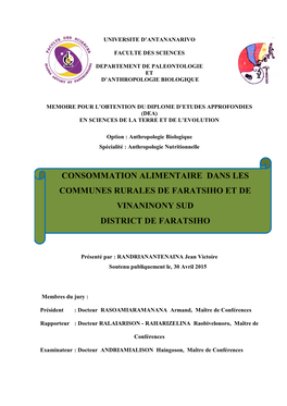 Consommation Alimentaire Dans Les Communes Rurales De Faratsiho Et De