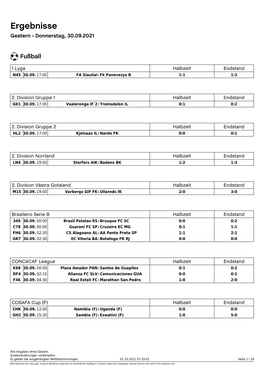 Ergebnisse Gestern - Donnerstag, 30.09.2021