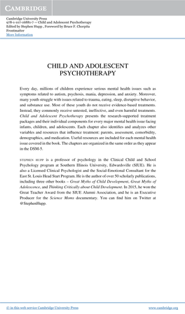 Child and Adolescent Psychotherapy Edited by Stephen Hupp , Foreword by Bruce F