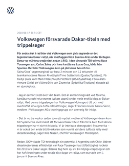 Volkswagen Försvarade Dakar-Titeln Med Trippelseger