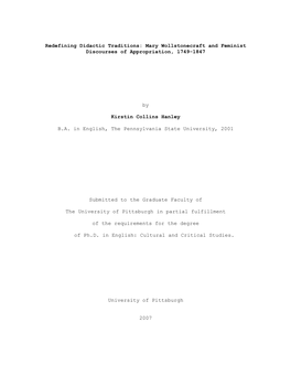 Redefining Didactic Traditions: Mary Wollstonecraft and Feminist Discourses of Appropriation, 1749-1847