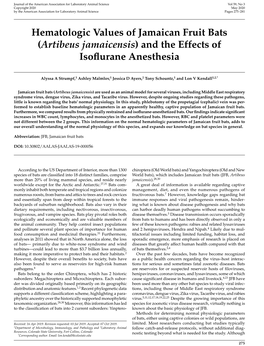 Hematologic Values of Jamaican Fruit Bats (Artibeus Jamaicensis) and the Effects of Isoflurane Anesthesia