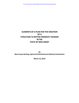 Elements of a Plan for the Creation of a Structure to Better Promote Tourism in the State of New Jersey