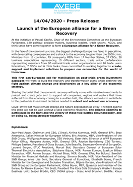 Launch of the European Alliance for a Green Recovery