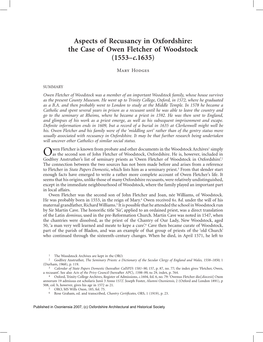 Aspects of Recusancy in Oxfordshire: the Case of Owen Fletcher of Woodstock (1553–C.1635)