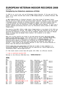 EUROPEAN VETERAN INDOOR RECORDS 2008 01.06.2008 Compiled by Ivar Söderlind, Statistician of EVAA