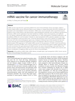 Mrna Vaccine for Cancer Immunotherapy Lei Miao, Yu Zhang and Leaf Huang*