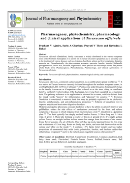 Pharmacognosy, Phytochemistry, Pharmacology and Clinical