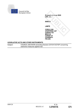 COUNCIL DECISION Amending Decision 2010/413/CFSP Concerning Restrictive Measures Against Iran