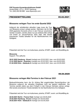 PRESSEMITTEILUNG 05.02.2021 Blossoms Verlegen Tour Ins Erste