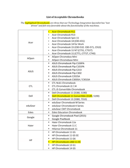 List of Acceptable Chromebooks Acer • Acer Chromebook R11 • Acer