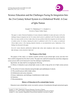 Science Education and the Challenges Facing Its Integration Into the 21St Century School System in a Globalized World: a Case of Igbo Nation