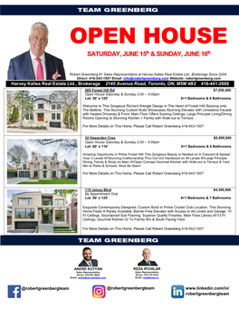 OPEN HOUSE SATURDAY, JUNE 15Th & SUNDAY, JUNE 16Th