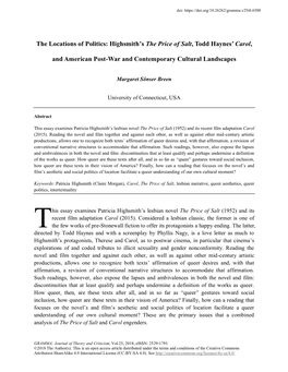 The Locations of Politics: Highsmith's the Price of Salt, Todd Haynes' Carol, and American Post-War and Contemporary Cultura