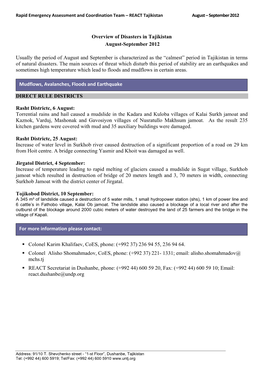 Overview of Disasters in Tajikistan August-September 2012