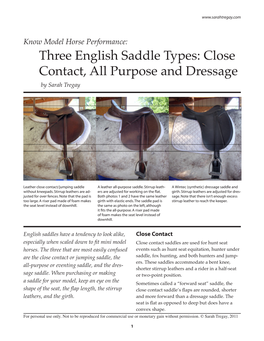 Three English Saddle Types: Close Contact, All Purpose and Dressage by Sarah Tregay