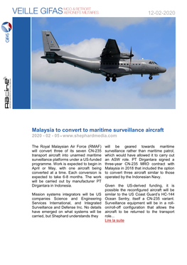 Malaysia to Convert to Maritime Surveillance Aircraft 2020 - 02 - 05