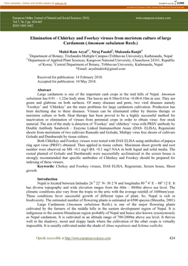 Elimination of Chhirkey and Foorkey Viruses from Meristem Culture of Large Cardamom (Amomum Subulatum Roxb.)