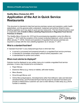 Healthy Menu Choices Act, 2015 Application of the Act in Quick Service Restaurants