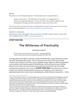 The Whiteness of Practicality.” in Topographies of Whiteness: Mapping Whiteness in Library and Information Studies, Edited by Gina Schlesselman-Tarango, 203-234