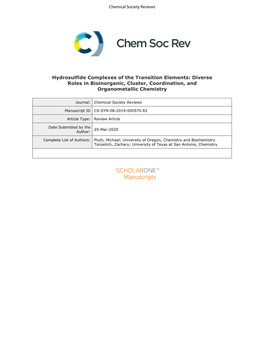 Hydrosulfide Complexes of the Transition Elements: Diverse Roles in Bioinorganic, Cluster, Coordination, and Organometallic Chemistry