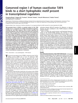 Conserved Region I of Human Coactivator TAF4 Binds to a Short Hydrophobic Motif Present in Transcriptional Regulators