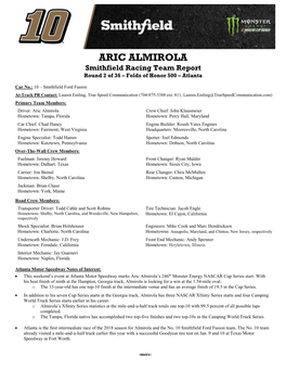 ARIC ALMIROLA Smithfield Racing Team Report Round 2 of 36 – Folds of Honor 500 – Atlanta