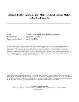 Amended Safety Assessment of Malic Acid and Sodium Malate As Used in Cosmetics