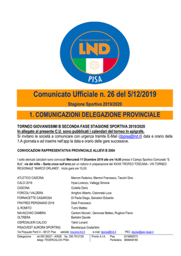 Comunicato Ufficiale N. 26 Del 5/12/2019