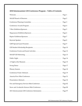 2010 Intermountain GIS Conference Program – Table of Contents