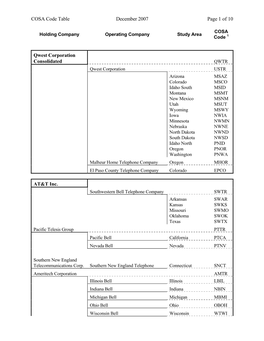 COSA Code Table December 2007 Page 1 of 10 Qwest Corporation