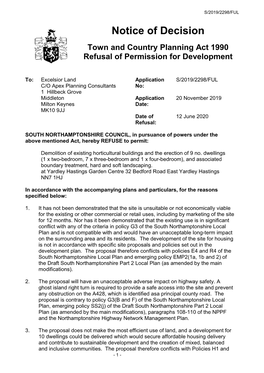 Notice of Decision Town and Country Planning Act 1990 Refusal of Permission for Development