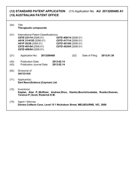 Application No. AU 2013200480 A1 (19) AUSTRALIAN PATENT OFFICE