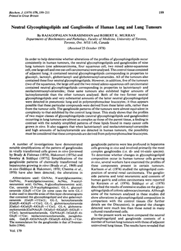 Neutral Glycosphingolipids and Gangliosides of Human Lung and Lung Tumours by RAJAGOPALAN NARASIMHAN and ROBERT K