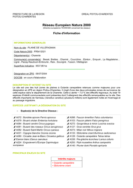 Réseau Européen Natura 2000 (Directive Européenne 79/409/CEE Concernant Les Oiseaux)