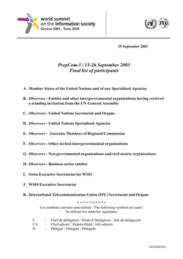 Prepcom-3 / 15-26 September 2003 Final List of Participants