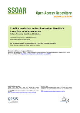 Conflict Mediation in Decolonisation: Namibia's Transition