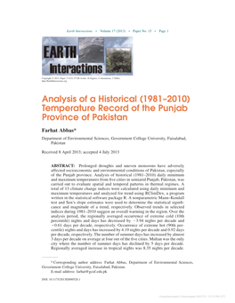 (1981–2010) Temperature Record of the Punjab Province of Pakistan