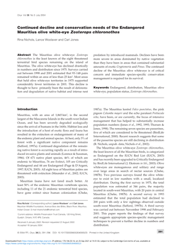 Continued Decline and Conservation Needs of the Endangered Mauritius Olive White-Eye Zosterops Chloronothos