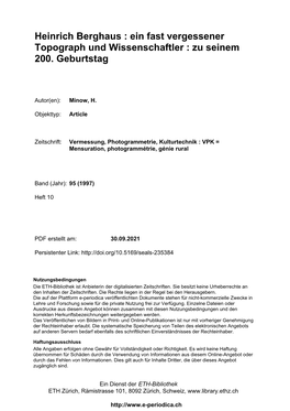 Heinrich Berghaus : Ein Fast Vergessener Topograph Und Wissenschaftler : Zu Seinem 200