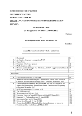 JUDICIAL REVIEW BETWEEN: Her Majesty the Queen (On the Application of CHRISTIAN CONCERN) Claimant -V- Secretary of State for Health and Social Care Defendant ______